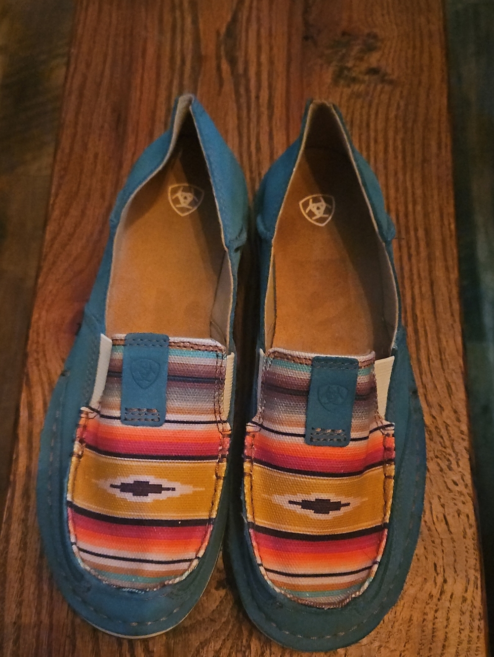 Ariat Teal Slip-On Suede Leather Moccasins with Multicolor Southwestern Print